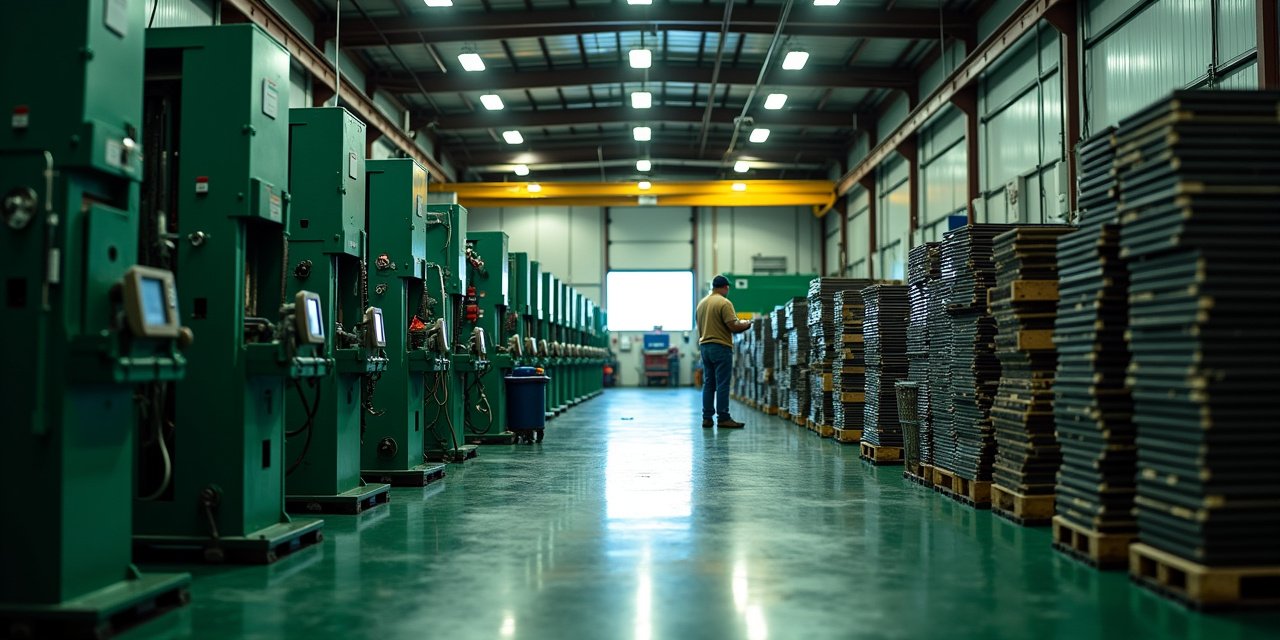 Kentucky metal stamping production floor with press machines and empty pallet racks awaiting inventory