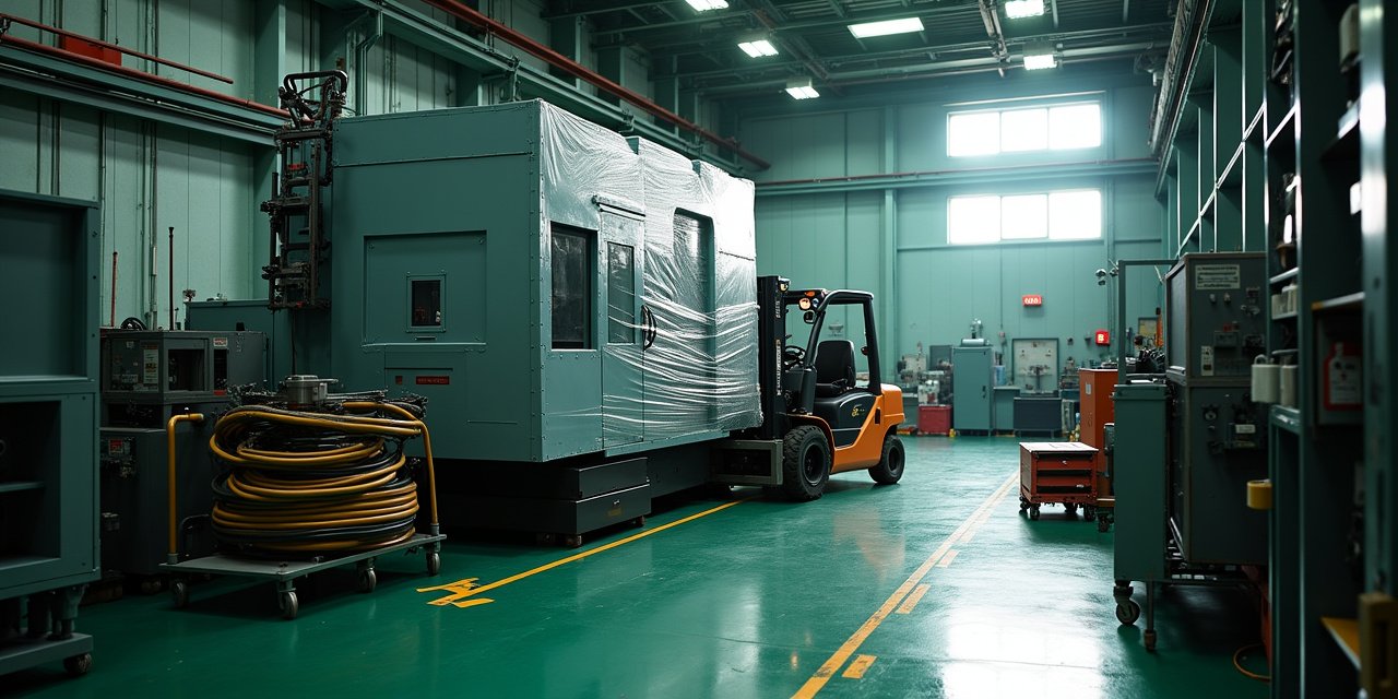 CNC machining center on a factory floor with a forklift positioning a wrapped equipment crate