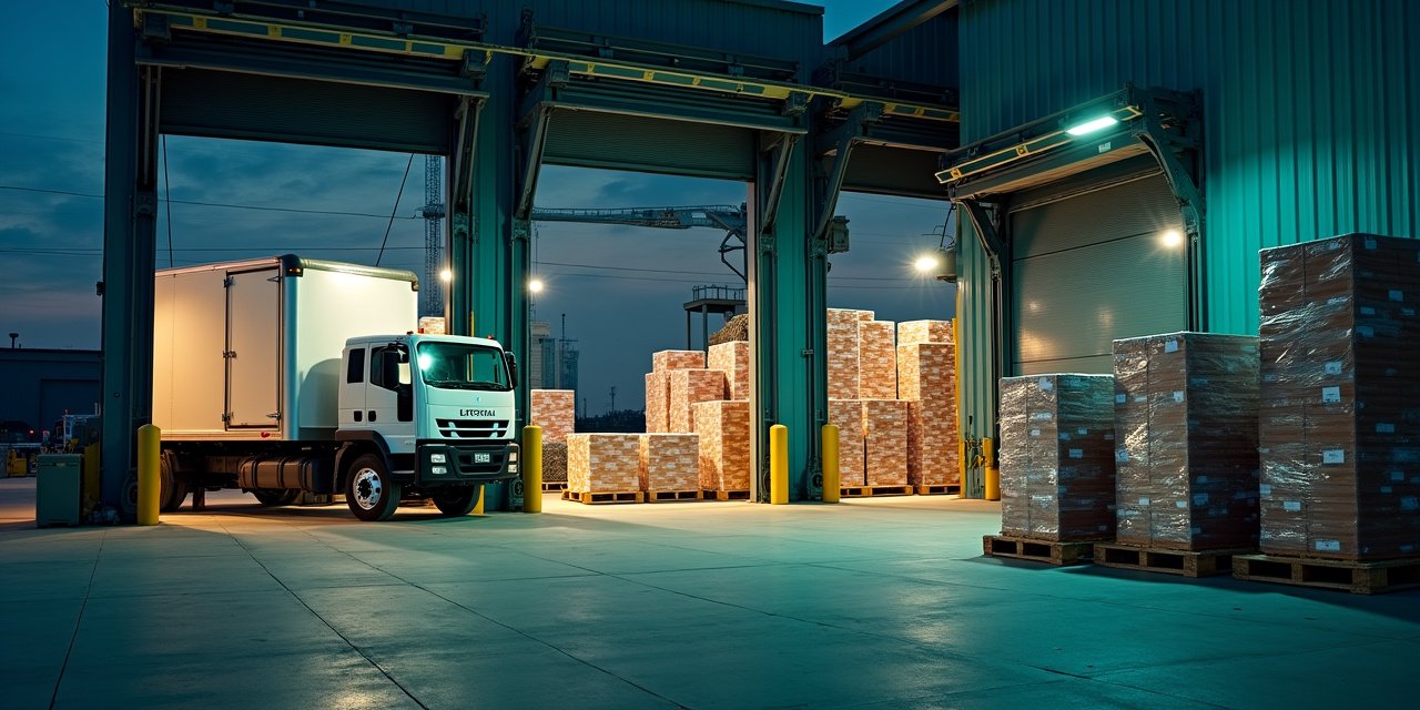 Industrial loading dock with stacked pallets under a gantry crane, dusk light, representing manufacturer capital access