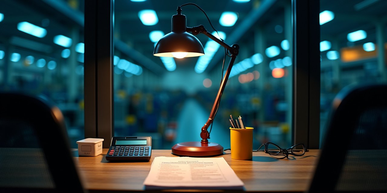 Plant finance office with a rate swap term sheet under desk lamp light, factory floor beyond | Reshore Bridge