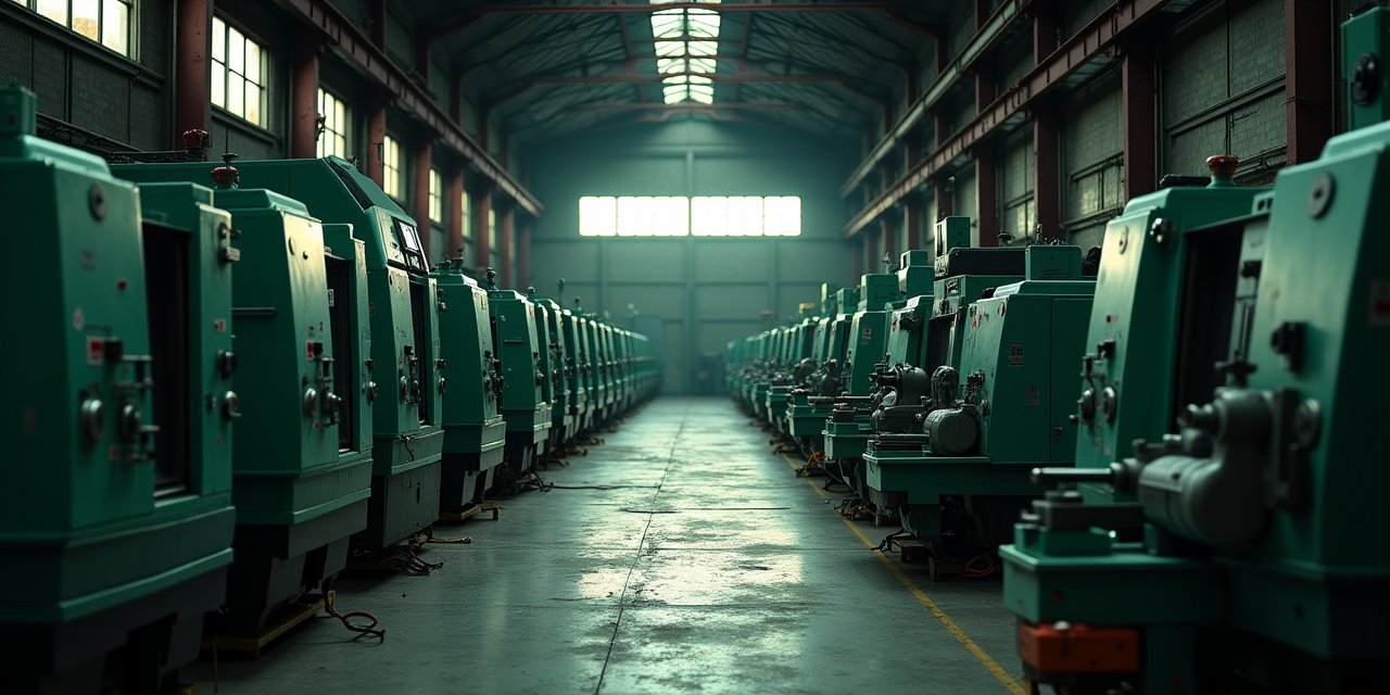 Rows of idle CNC machining centers in a dim industrial liquidation warehouse, low window light | Reshore Bridge
